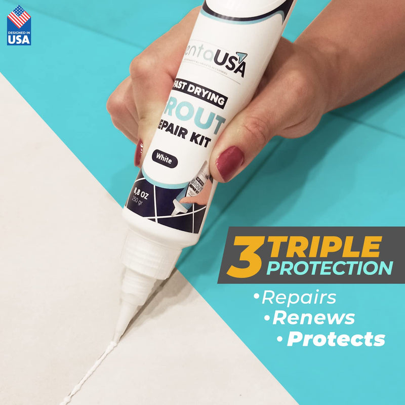 PentaUSA Tile Grout Repairs Renews Fills Tube, 3 Triple Protection, Fast Drying Grout Repair Kit, Heavy-Duty Grout Cleaner - Restore and Renew Grout Line, Easy and Safe to Use, White, 8.8 oz - 250 gr - NewNest Australia