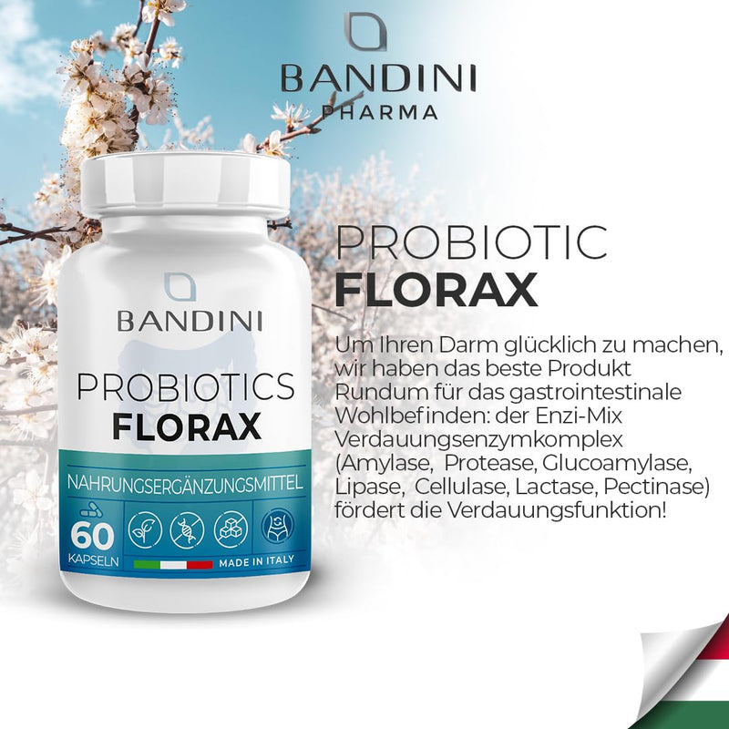 Bandini Florax Probiotics Cultures Complex 18 Bacteria Strains + Inulin 60 Vegan Enteric Juice-Resistant Capsules - Lactobacillus, Bifidobacterium - Laboratory Tested & Made In Italy Without - NewNest Australia