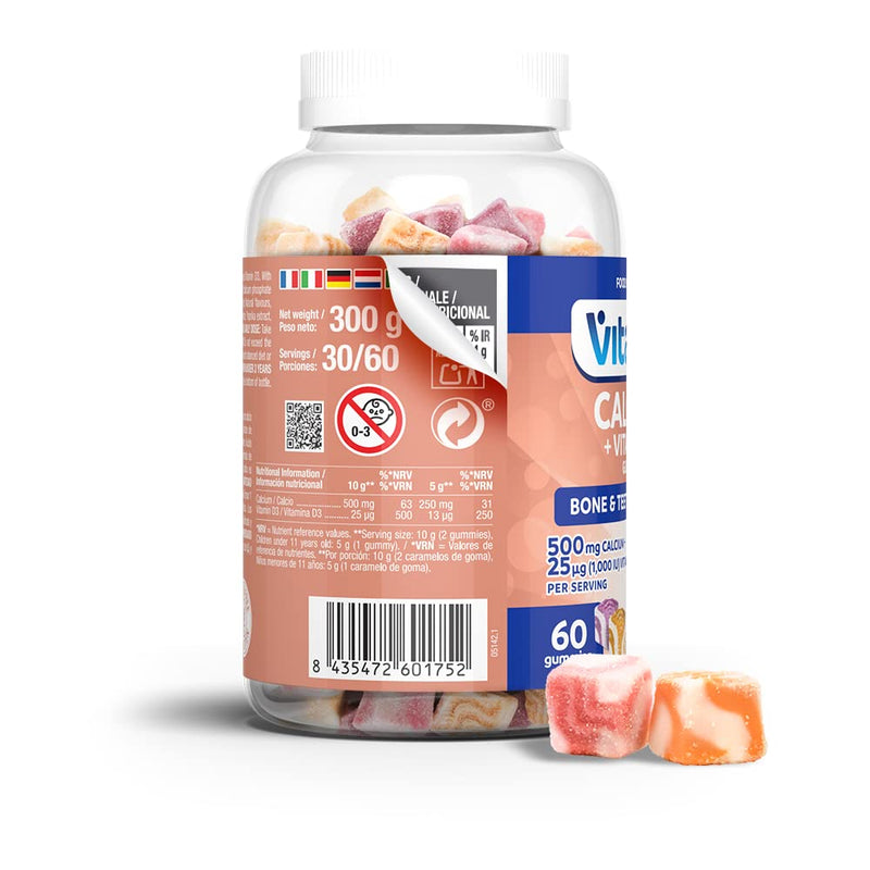 VITALDIN Calcium + Vitamin D3 Gummies - 500 mg calcium & 1,000 IU vitamin D - 60 fruit gummies (1 month) fruit flavor - for maintaining normal bones and teeth - gluten free - children & adults - NewNest Australia