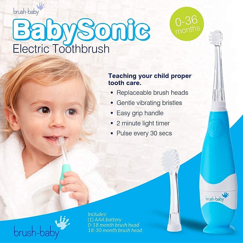 Brush Baby BabySonic Infant and Toddler Electric Toothbrush for Ages 0-3 Years - Smart LED Timer and Gentle Vibration Provide a Fun Brushing Experience - Includes 2 Sensitive Brush Heads (Blue) Blue - NewNest Australia