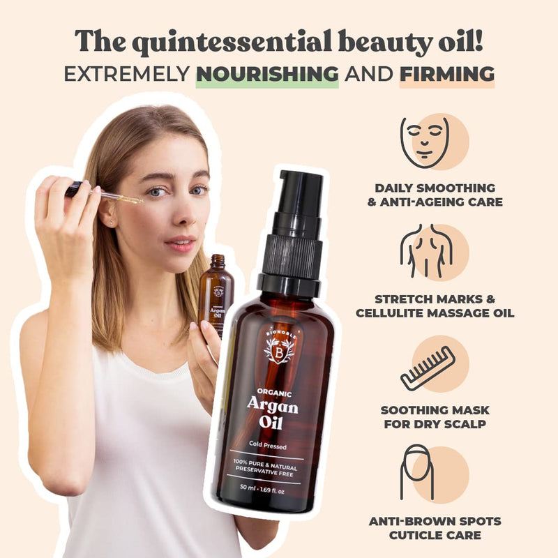 Bionoble Organic Argan Oil 50ml - 100% Pure, Natural and Cold Pressed - for Hair, Face, Body, Beard, Nails - Vegan and Cruelty Free - Glass Bottle + Pipette + Pump 50 ml (Pack of 1) - NewNest Australia