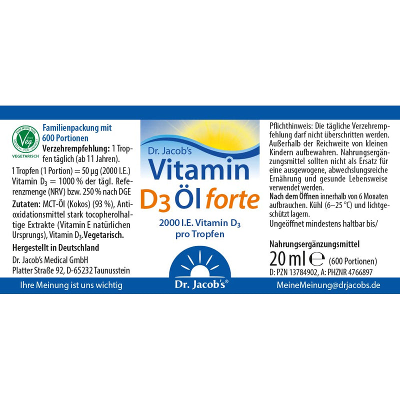 Dr. Jacob's Vitamin D3 oil forte 20 ml I 2000 IU 50 µg D3 per drop I optimally bioavailable I 640 drops, 1,280,000 IU - NewNest Australia