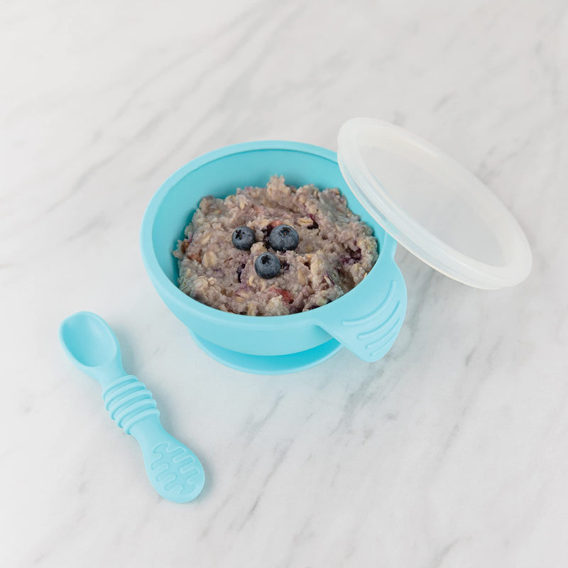 Bumkins Suction Silicone Baby Feeding Set, Bowl, Lid, Spoon, BPA-Free, First Feeding, Baby Led Weaning - Blue , 3 Piece Set - NewNest Australia