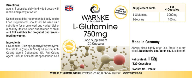 L-Glutamine capsules - 750mg per capsule - vegan & high dosage - free form - 120 capsules | Warnke vital substances - NewNest Australia