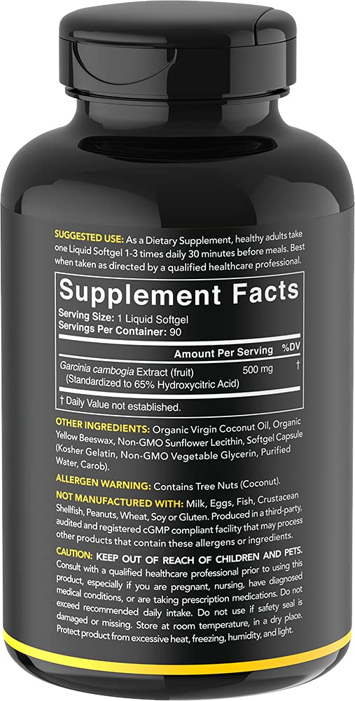 Garcinia Cambogia Extract (65% HCA) with Extra Virgin Organic Coconut Oil | Non-GMO, Soy & Gluten Free (90 Liquid softgels) 90 Count (Pack of 1) - NewNest Australia