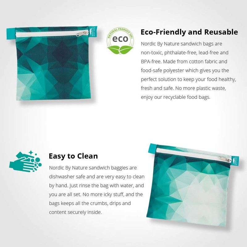 NewNest Australia - Nordic By Nature 4 Pack - Reusable Sandwich Bags Dishwasher Safe BPA Free - Durable Washable Quick Dry Cloth Baggies -Reusable Snack Bags For Kids School Lunches - Easy Open Zipper - (Turquoise) Turquoise Waters 