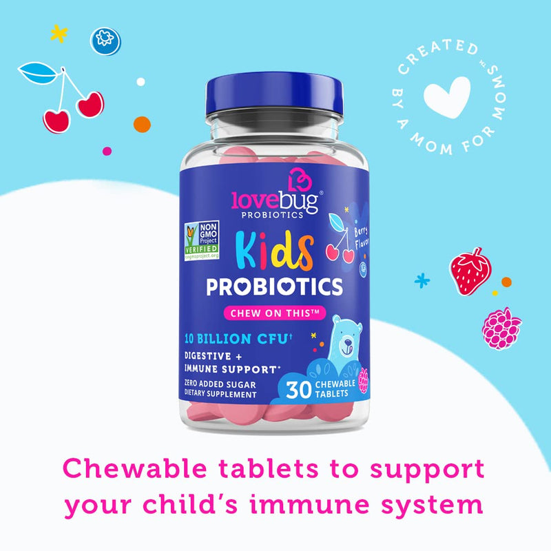 LoveBug Probiotics for Kids Immune Support, 10 Billion CFU & 6 Strains, 30 Natural Berry Flavored Chewable Tablets, Probiotic Supplement for Digestive & Immune Health, Allergen Friendly. - NewNest Australia
