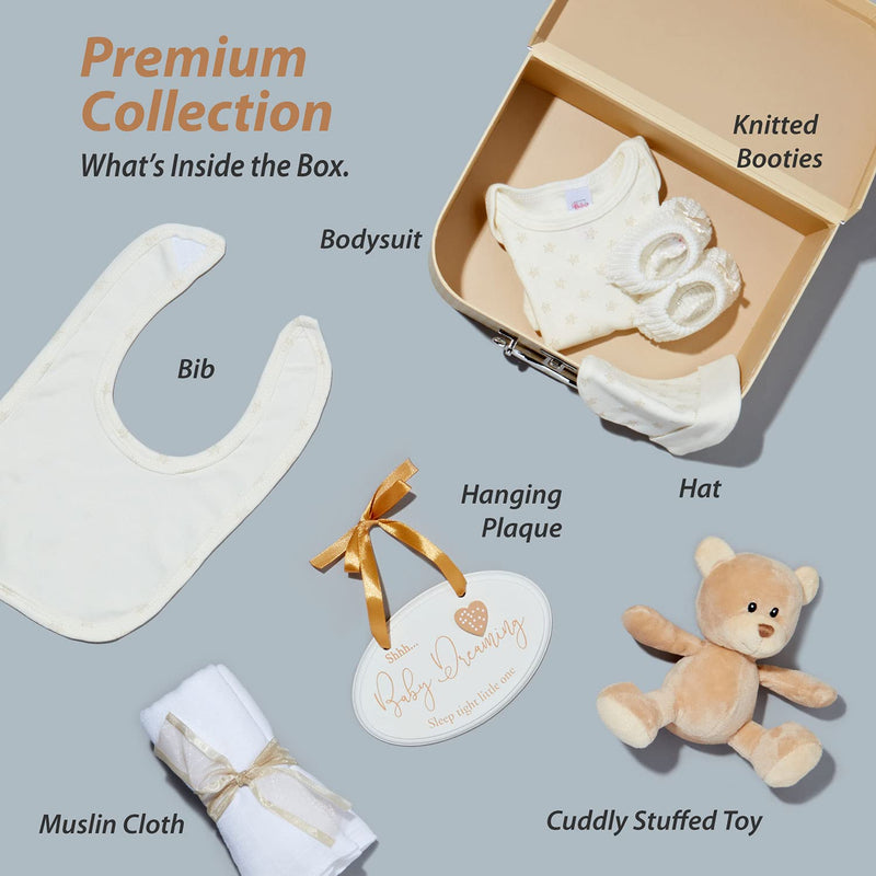 Baby Gift Set For Newborns - Hand Wrapped Unisex Baby Gift - Baby Gift Set With Suitcase, Teddy Bear, Knitted Baby Shoes, Bib, Hat, Muslin Diaper And Hanging Tag Cream - NewNest Australia