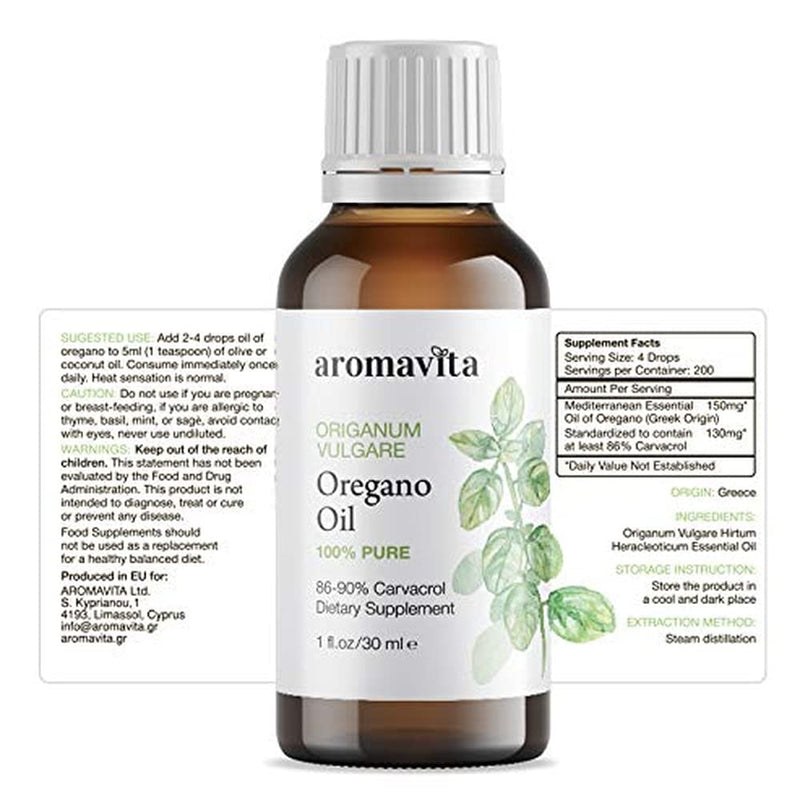 Aromavita Essential Oil of Oregano - 100% Pure Undiluted, Non GMO, Extra Strength Organic Greek Oregano Oil - Over 86% Carvacrol Oregano Extract Liquid Nutritional Supplement (1 FL.OZ/30ML) 1 Fl Oz (Pack of 1) - NewNest Australia