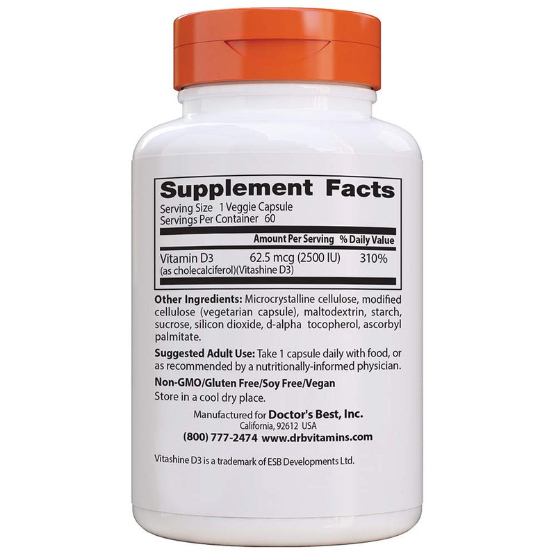 Doctor's Best Vitamin D3 2500IU with Vitashine D3, Non-GMO, Vegan, Gluten & Soy Free, Regulates Immune Function, Supports Healthy Bones, 60 Count 60 Count (Pack of 1) - NewNest Australia