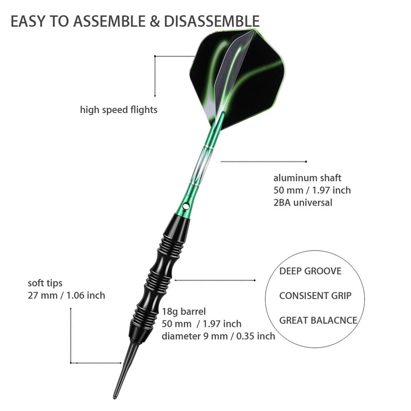 sanfeng Professional Soft Tip Darts Set 20 Grams - 50 Rubber O-Rings + 30 Darts Plastic Tip + Aluminum Shafts + 6 Standard Flights + Portable Case for Electronic Dart Board GREEN - NewNest Australia