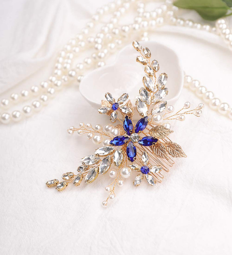 Anglacesmade Bridal Sapphire Crystal Hair Comb Pearl Blue Crystal Leaf Marquise Hair Piece Prom Party Festival Wedding Hair Accessories for Women and Girls (Gold) Gold - NewNest Australia