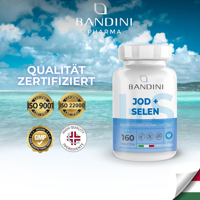 Bandini® Iodine + Selenium | 160 tablets each with 225µg potassium iodide + 100µg selenium L-methionine | Hair, skin, nails, thyroid | Laboratory tested, high dosage, vegan, GMO-free, no additives - NewNest Australia