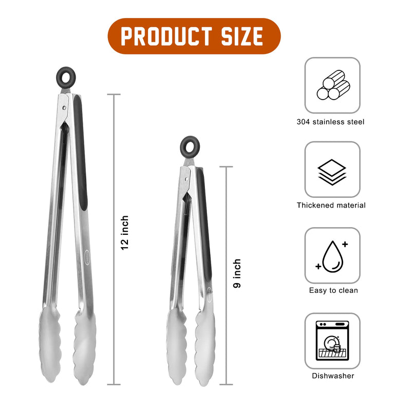 TACGEA Stainless Steel Kitchen Tongs, Silicone Non-slip Grip, Locking Grilling Food Tongs Set of 2, 9-inch & 12-inch - NewNest Australia