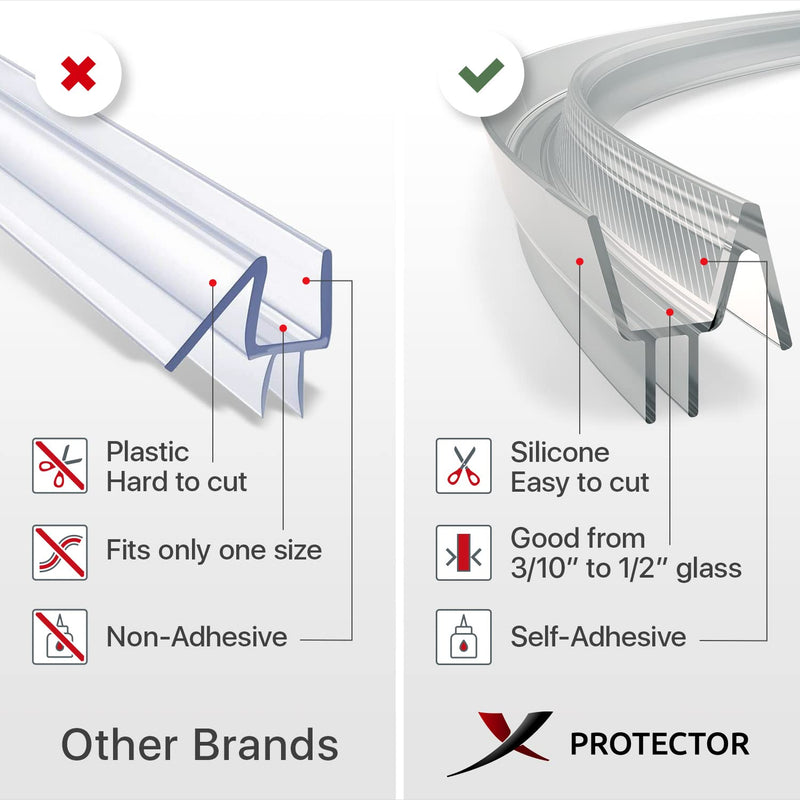 Frameless Shower Door Bottom Seal X-Protector - 40" Shower Door Seal For All Door Thicknesses - Self-Adhesive Shower Door Sweep - Premium Door Bottom Seal Strip - Silicone Glass Shower Door Seal Strip - NewNest Australia