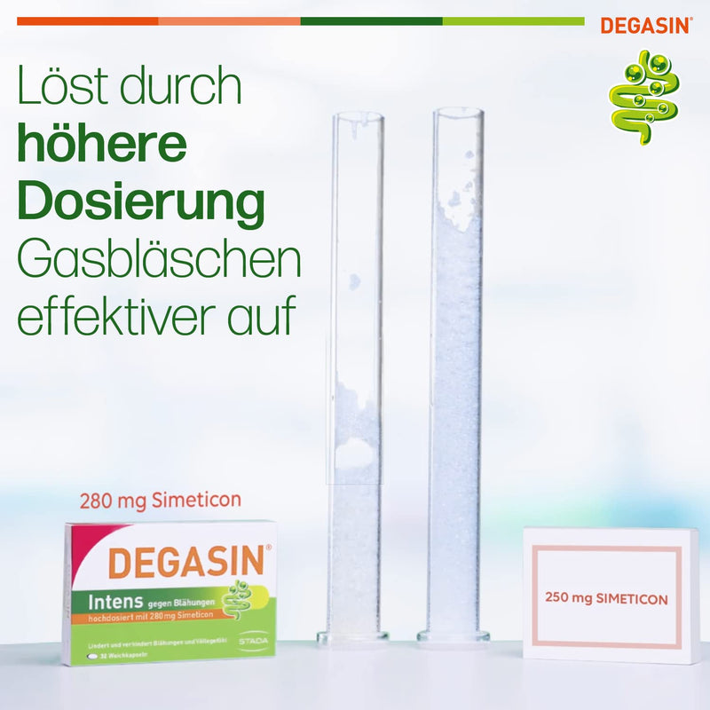 DEGASIN Intens - high-dose preparation with 280 mg simeticone - relieves flatulence, gastrointestinal problems and a feeling of fullness - 1 x 32 soft capsules - NewNest Australia