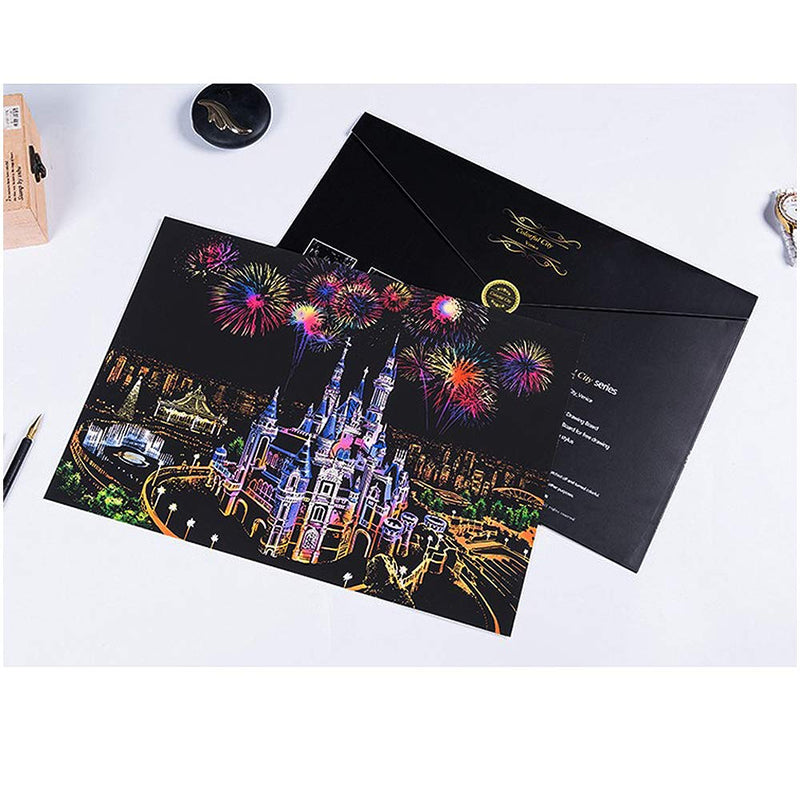 Scratch Painting Kits for Adults & Kids, Craft Art Set, Rainbow Scratch Art Painting Paper, Sketch DIY Night View Scratchboard, 16'' x 11.2'' Creative Gift with 3 Tools kit (Castle / Amusement Park) Castle / Amusement Park - NewNest Australia