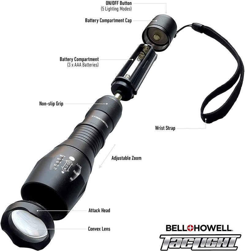 TACLIGHT FLASHLIGHT As Seen On TV Set of 3 by Bell and Howell LED Tactical Flash light Shock Water Resistant Military Grade Ultra Bright with 5 Modes and Zoom Function (40x Brighter) Black - NewNest Australia