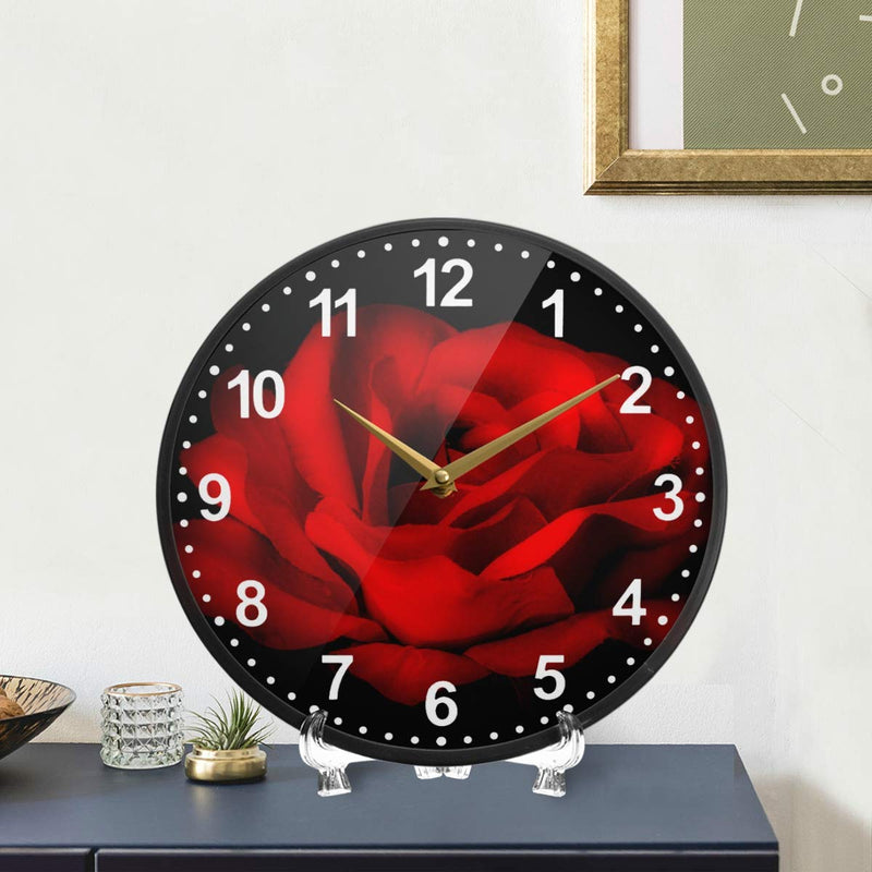 NewNest Australia - ALAZA Red Rose Flower Black Wall Clock Battery Operated Silent Non Ticking Clocks for Living Room Decor 12 Inch / 9.5 Inch 9.5x9.5in 