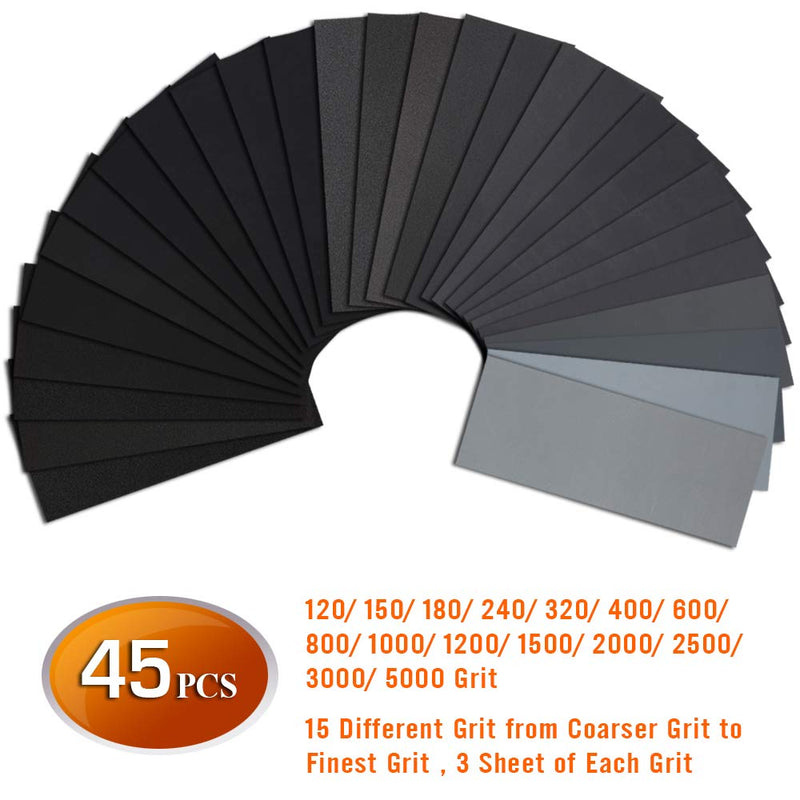 45PCS Sandpaper, Premium Wet Dry Waterproof Sand Paper, 120 to 5000 Assorted Grit Sanding Paper for Wood Furniture Finishing, Metal Sanding and Automotive Polishing, 9 x 3.6 Inches. - NewNest Australia