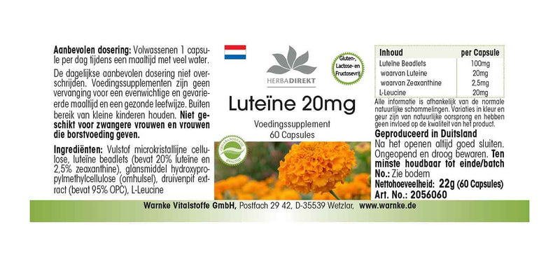 Lutein 20mg - microencapsulated - 60 capsules - vegan | HERBADIREKT by Warnke vital substances - NewNest Australia