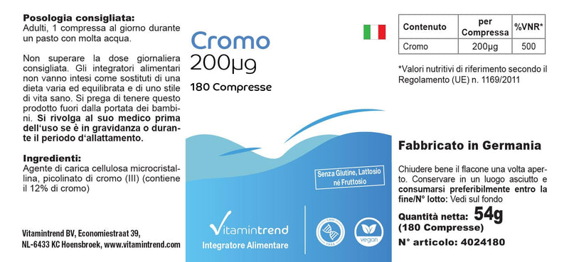 Chromium 200mcg - Chromium picolinate - 180 tablets - ! FOR 6 MONTHS ! - vegan - high dosage - NewNest Australia