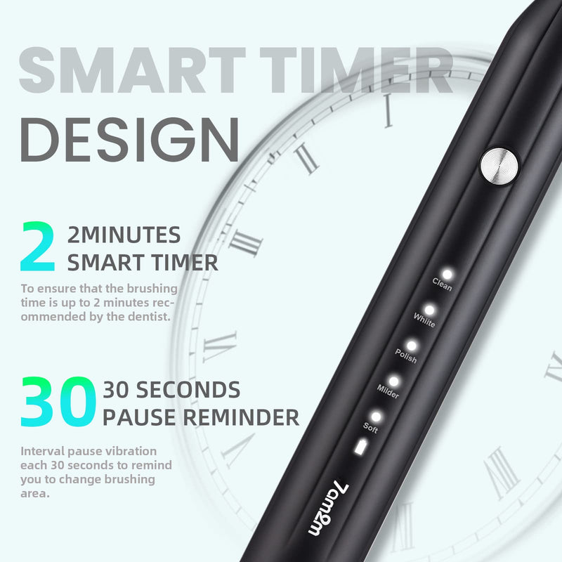 7AM2M Sonic Electric Toothbrush for Adults and Kids, One Charge for 90 Days, with 6 Brush Heads, 5 Modes with 2 Minutes Build in Smart Timer, Roman Column Handle Design (Black) Black - NewNest Australia