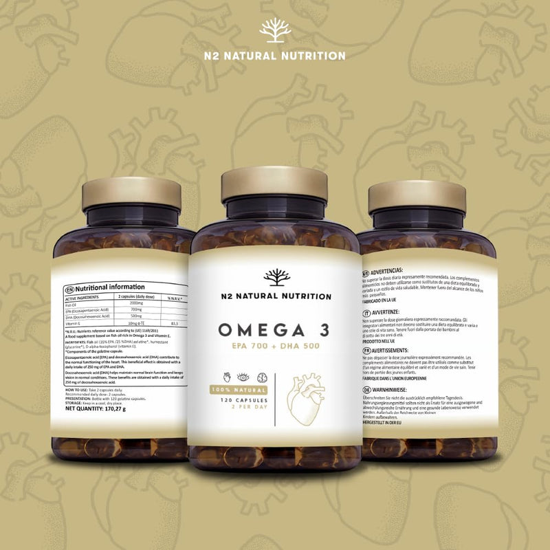 Omega 3 capsules, high dose with 2000 mg fish oil with 700 mg EPA and 500 mg DHA, fish oil with vitamin E and the omega 3 fatty acids. 120 softgel capsules of pure sea fish oil N2 Natural Nutrition - NewNest Australia