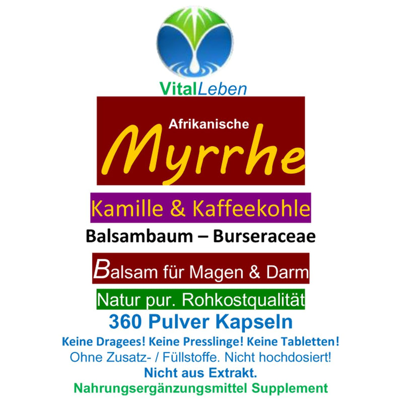 MYRRH + CHAMOMILE + COFFEE CHARCOAL 360 powder capsules for the stressed intestine according to AYURVEDA and Hildegard von Bingen - pure NATURE - WITHOUT ADDITIVES [6 months] 27160-360 360 pieces (pack of 1) - NewNest Australia