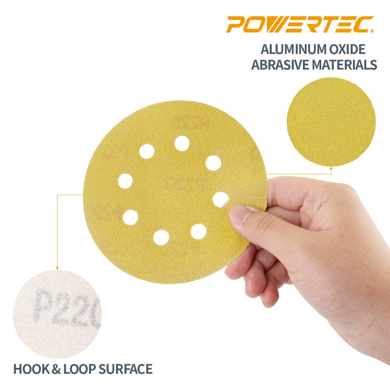 POWERTEC 44012G-50 Gold 5” Hook and Loop Sanding Disc | 8 Hole | 120 Grit – 50 Pack - NewNest Australia