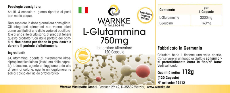 L-Glutamine capsules - 750mg per capsule - vegan & high dosage - free form - 120 capsules | Warnke vital substances - NewNest Australia