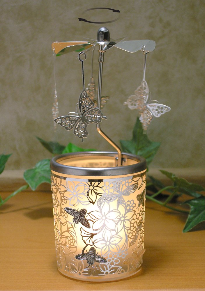 NewNest Australia - Butterfly Candle Holder - Silver Metal Rotating Spinning Butterflies with Flowers and Bees - Spinner Scandinavian Designs - 6 ¼ Inch Tall 