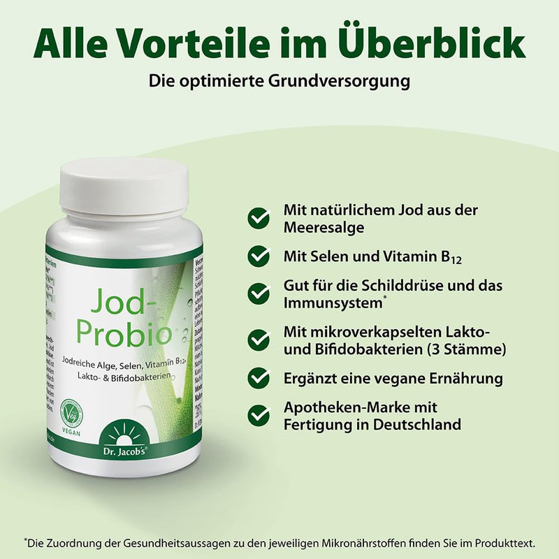 Dr. Jacob's Iodine Probio 31.6 g can I natural iodine from sea algae I with selenium, vitamin B12 and lactobacilli and bifidobacteria I for the immune system¹ and thyroid² I 90 portions, vegan - NewNest Australia