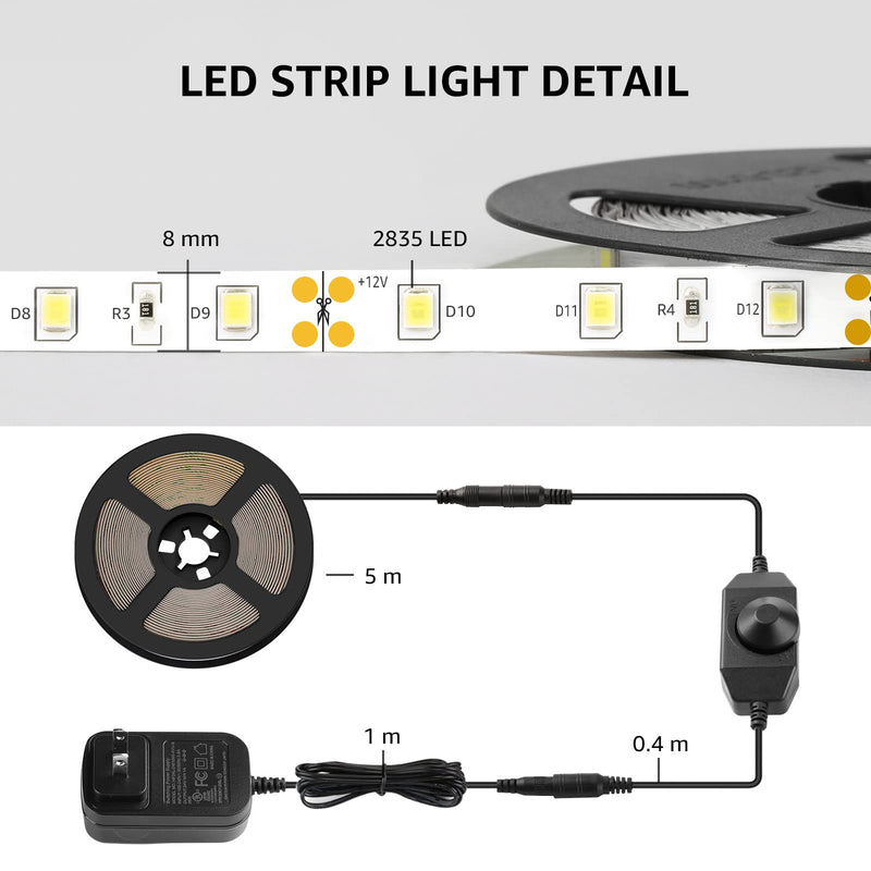 Lepro LED Strip Light White, 16.4ft Dimmable Vanity Lights, 6000K Super Bright LED Tape Lights, 300 LEDs 2835, Strong 3M Adhesive, Suitable for Home, Kitchen, Under Cabinet, Bedroom, Daylight White 16.4 ft - NewNest Australia