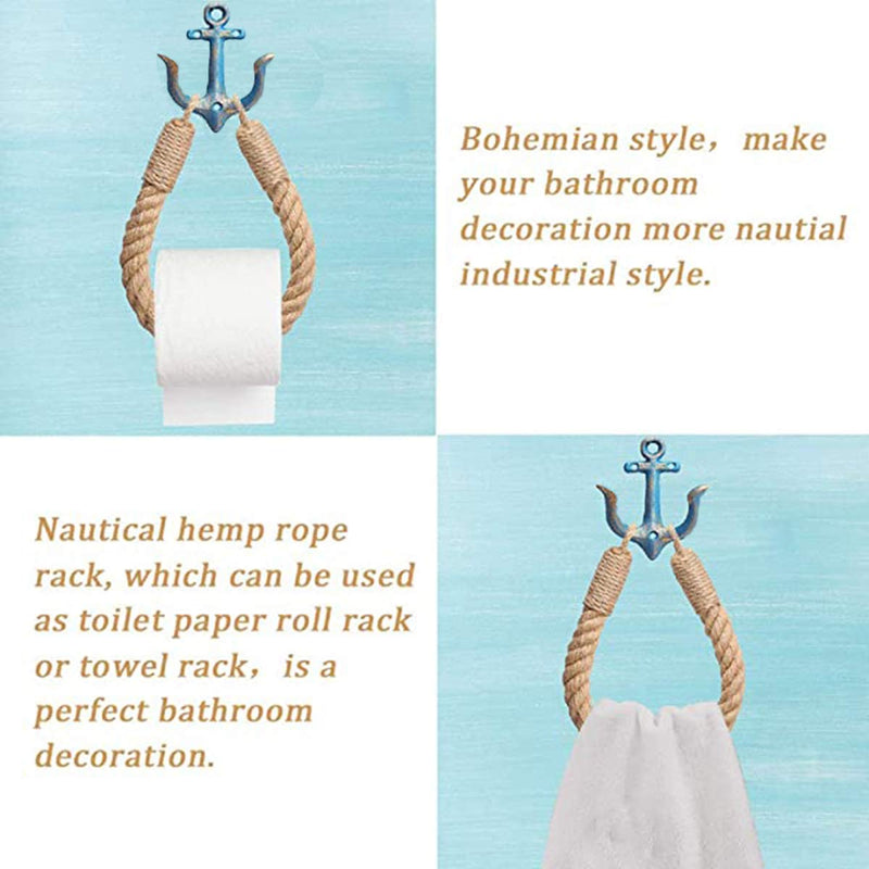 Amerla 2 Pcs Nautical Rope Toilet Paper Holder Wall-Mounted Towel Ring Nautical Toilet Paper Holder with Metal Hooks Coastal Towel Rack Natural Antique Rope （Blue+Blue） Blue+blue - NewNest Australia