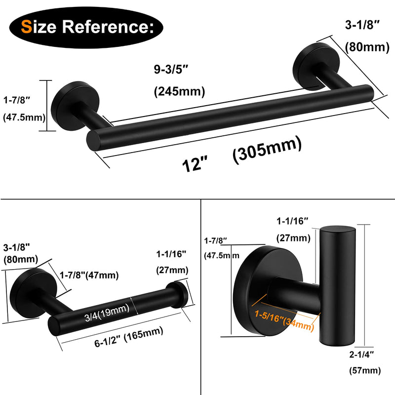 Nolimas 3-Pieces Set Matte Black Bathroom Hardware Set SUS304 Stainless Steel Round Wall Mounted - Includes 12" Hand Towel Bar,Toilet Paper Holder, Robe Towel Hooks,Bathroom Accessories Kit - NewNest Australia