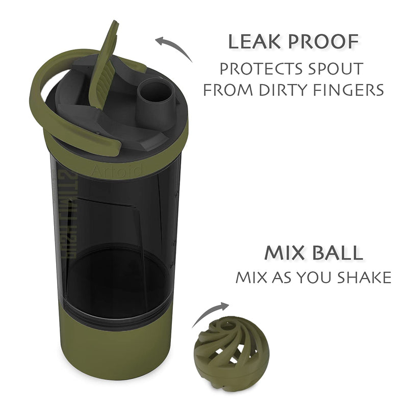 Artoid Inspirational Fitness Workout Sport Protein Shaker Bottle 680 ml, Dual Mixing Technology with Shaker Balls & Mixing Grids Included, Twist and Lock Protein Box Storage Included, Plastic Black/Green - NewNest Australia