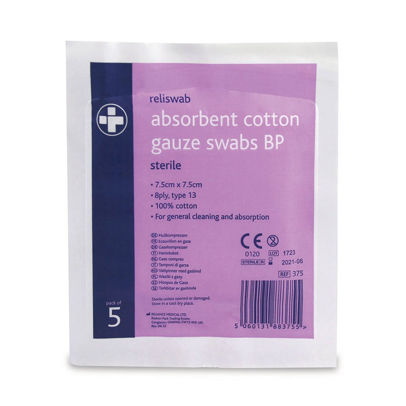 Reliswab REL375 Cotton Gauze Swab, High Absorbency Quality, Prevent Dryness, Diseases, Clean Wound Surface. Sterile, 8 Ply, British Pharmacopoeia, 7.5 cm W x 7.5 cm L ( 4 x 5) Pack of 20 - NewNest Australia