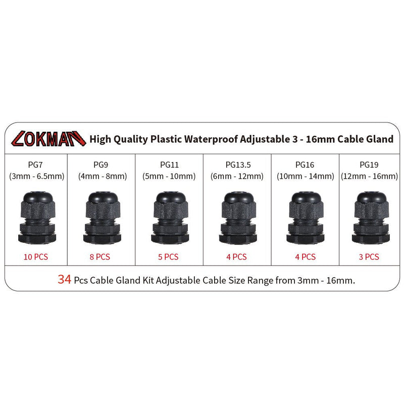 Cable Gland -LOKMAN 34 Pack Plastic Waterproof Adjustable 3-16mm Cable Connectors Cable Gland Joints With Gaskets, PG7, PG9, PG11, PG13.5, PG16,PG19 With Durable PP Storage Case (Cable gland kit) Cable gland kit 1 - NewNest Australia