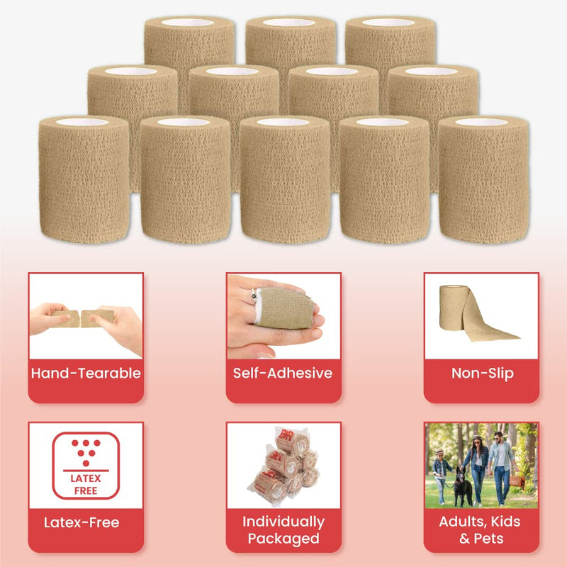 Ever Ready First Aid Self Adherent Cohesive Bandages 3" x 5 Yards - 12 Count, Tan - NewNest Australia