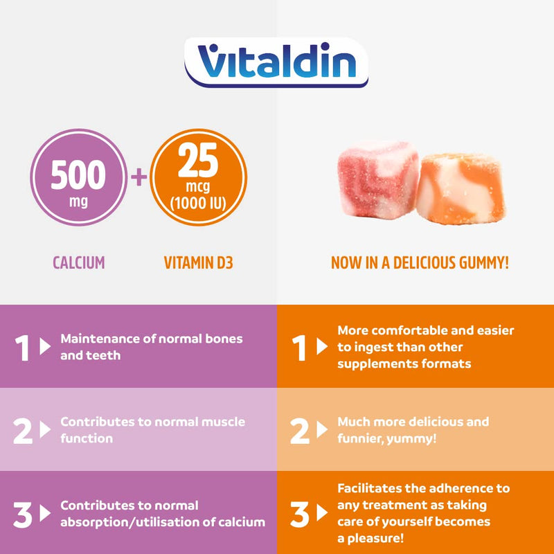 VITALDIN Calcium + Vitamin D3 Gummies - 500 mg calcium & 1,000 IU vitamin D - 60 fruit gummies (1 month) fruit flavor - for maintaining normal bones and teeth - gluten free - children & adults - NewNest Australia