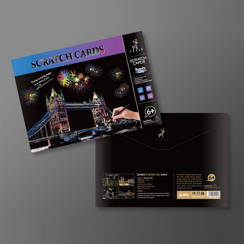 MIASTAR Scratch & Sketch Art for Kids & Adults, Rainbow Painting Night View Scratchboard(A4), Art & Craft, 4 Sheets Scratch Cards & Drawing Pen, Clean Brush (Beautiful City) Beautiful City - NewNest Australia