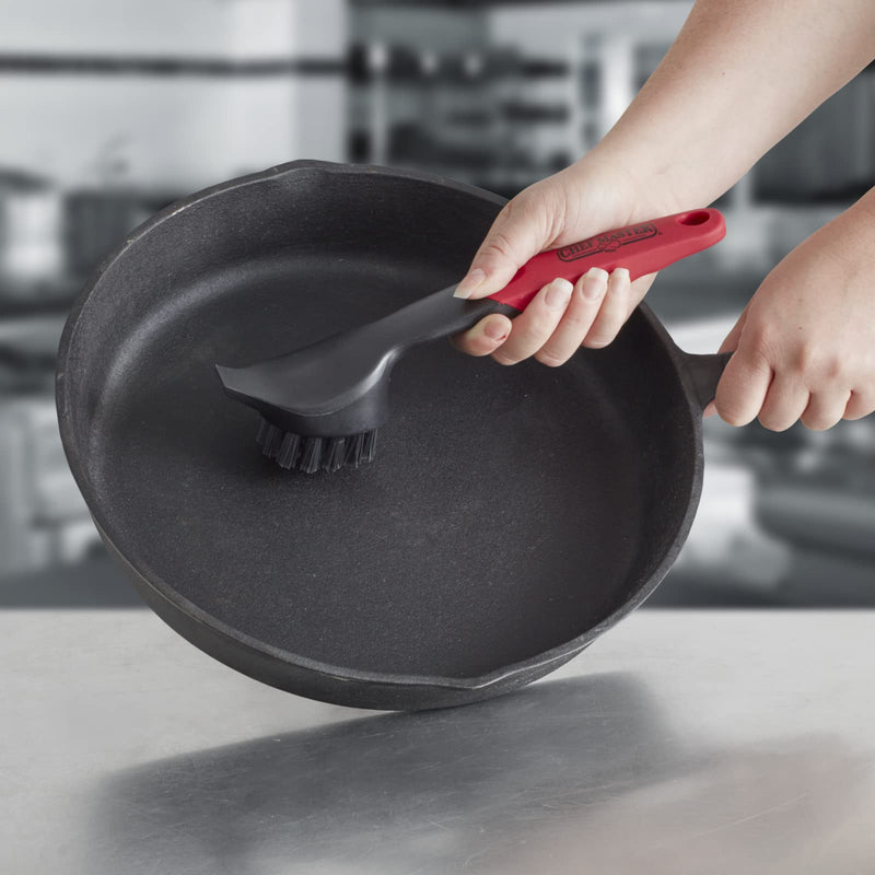 Chef Master 90058 Cast Iron Scrub Brush | Comfortable Plastic Grip | Quality Nylon Scraper and Bristles | Does not Damage Cast Iron | Use on Cast Iron Skillets | Easily Cleans Old Food and Buildup - NewNest Australia
