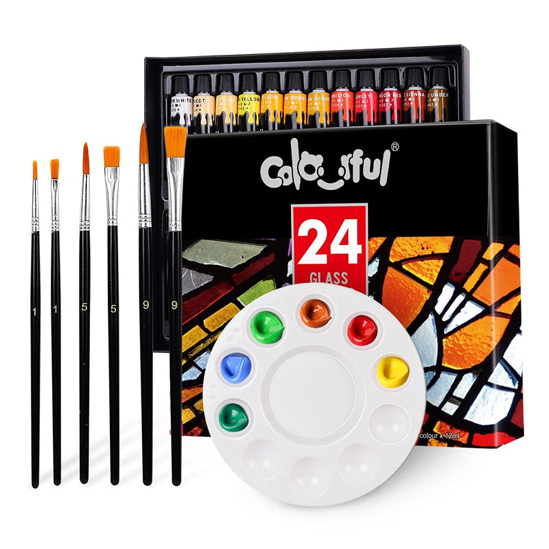 COLORFUL Stain Glass Paint Set with 6 Brushes, 1 Palette, 24 Color Waterproof Acrylic Enamel Painting Kit for Kids to Arts on Transparent Wine Glasses, Light Bulbs, Porcelain, Windows and Ceramics - NewNest Australia
