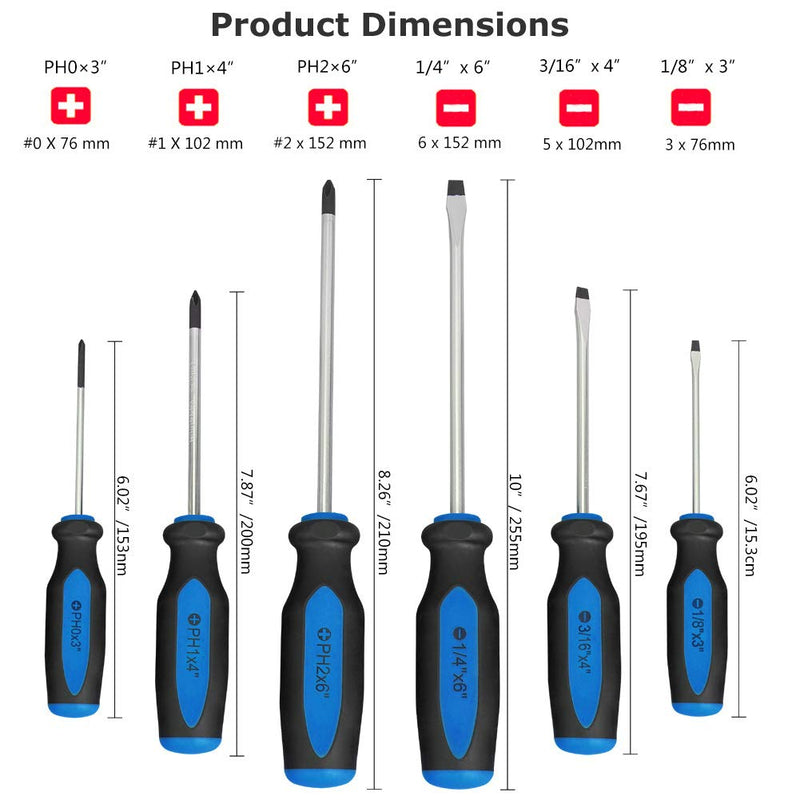 Blue Magnetic Screwdriver Set,6 Pieces Slotted and Phillips Screwdriver with Ergonomic Comfortable Non-Skid Handle,Permanent Magnetic Tips,Rust Resistant Heavy Duty Craftsman Toolkit 6PC, Blue - NewNest Australia