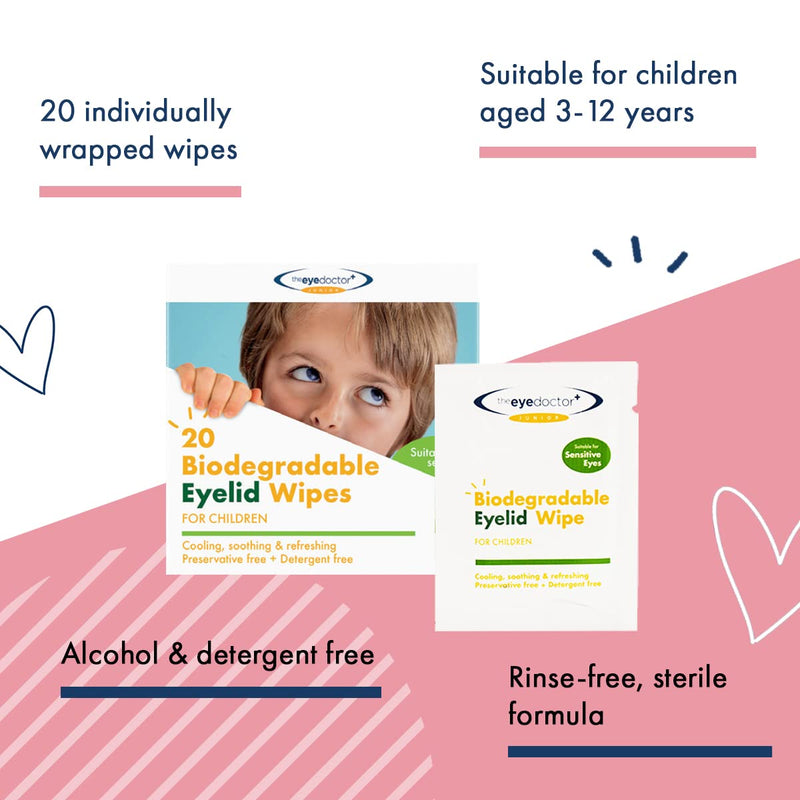 The Eye Doctor Junior Eyelid Wipes - 20x Individually Wrapped Kids Eye Lid Cleansing Wipes - Daily Hygiene & Dry Eye Relief - Suitable for Children's Sensitive Eyes - NewNest Australia