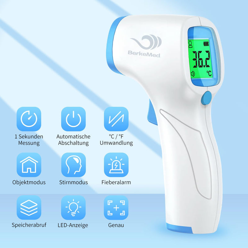 BerkeMed fever thermometer, contactless, infrared forehead thermometer, fever thermometer baby, for babies, children and adults, digital thermometer fever, immediate accurate readings, LCD display, white_blue - NewNest Australia