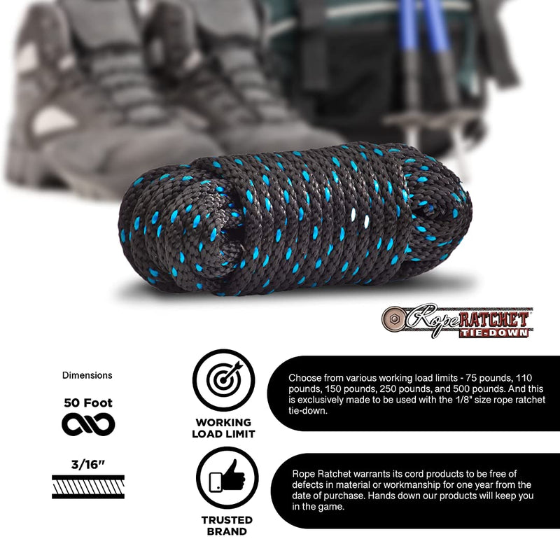 Rope Ratchet 3/8", 50 ft Solid Braided Polypropylene Rope, Heavy Duty, All Purpose, Utility Cord Tie Down Rope for Camping, Tie, Pull, and Knot, Indoor and Outdoor Use - Black with Blue Tracers Black-blue - NewNest Australia