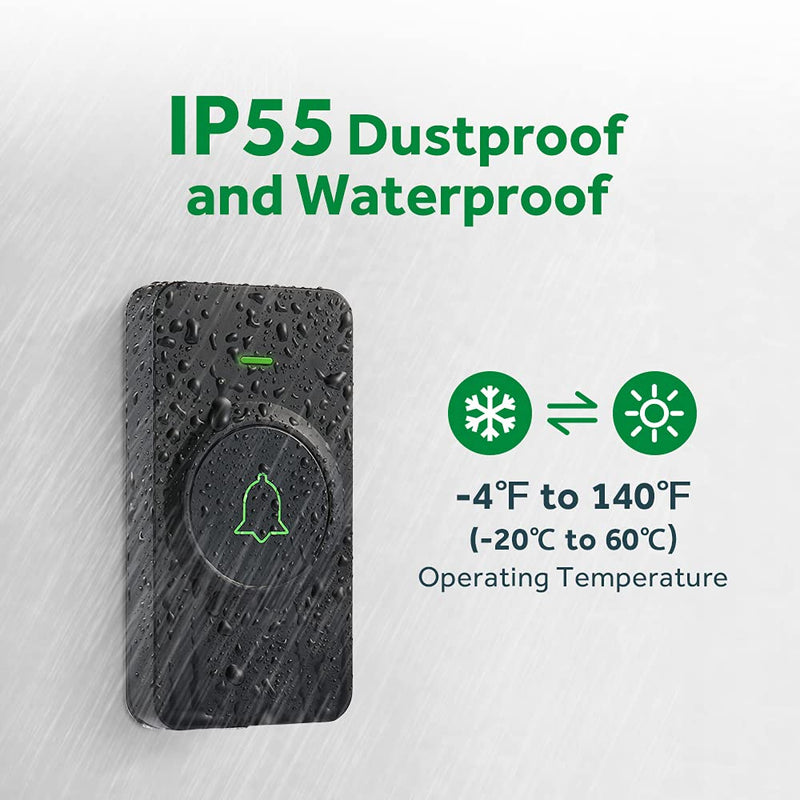 Wireless Doorbell, AVANTEK Mini CB-11 Waterproof Doorbell Chime Operating at 1000 Feet with 52 Melodies, 5 Volume Levels & LED Flash Black - NewNest Australia
