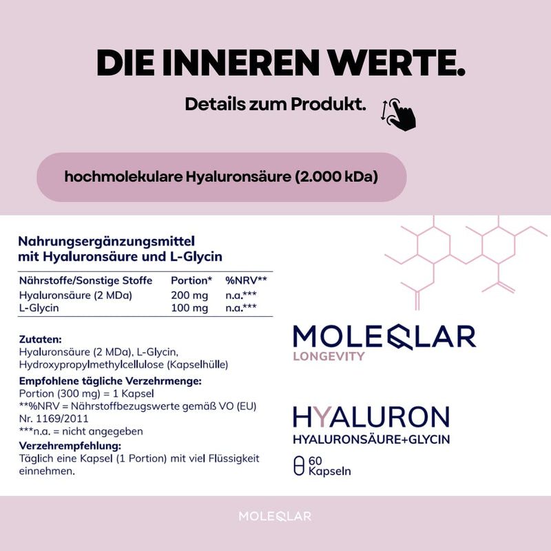 Moleqlar Hyaluronic Capsules - Hyaluronic And Glycine In Complex High Molecular Weight Vegan Hyaluronic Acid (2,000 Kda) With L-Glycine - Vegan And Gluten-Free - 60 Hyaluronan Capsules - NewNest Australia